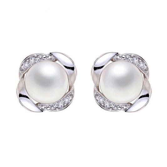 White Freshwater Pearl & CZ Circular Stud Earrings