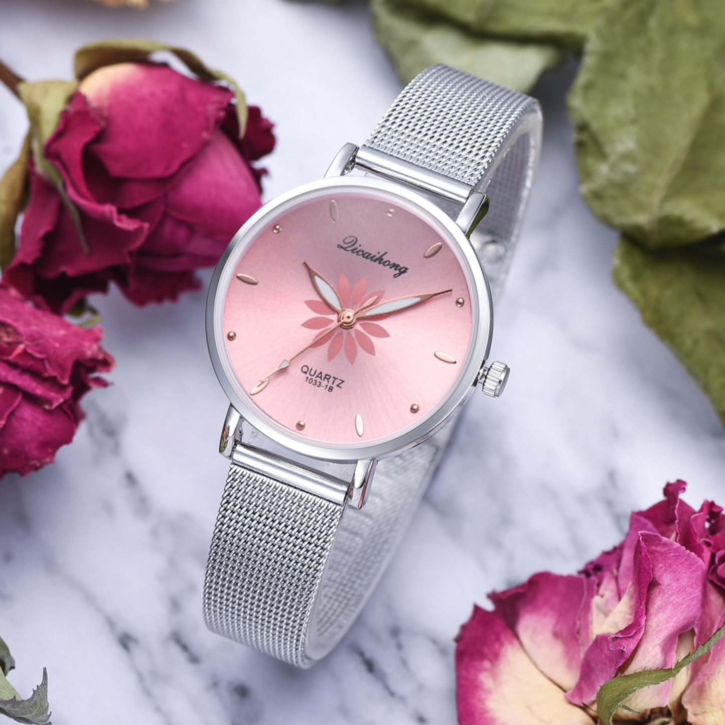 Two-tone Flower Mesh-strap Watch