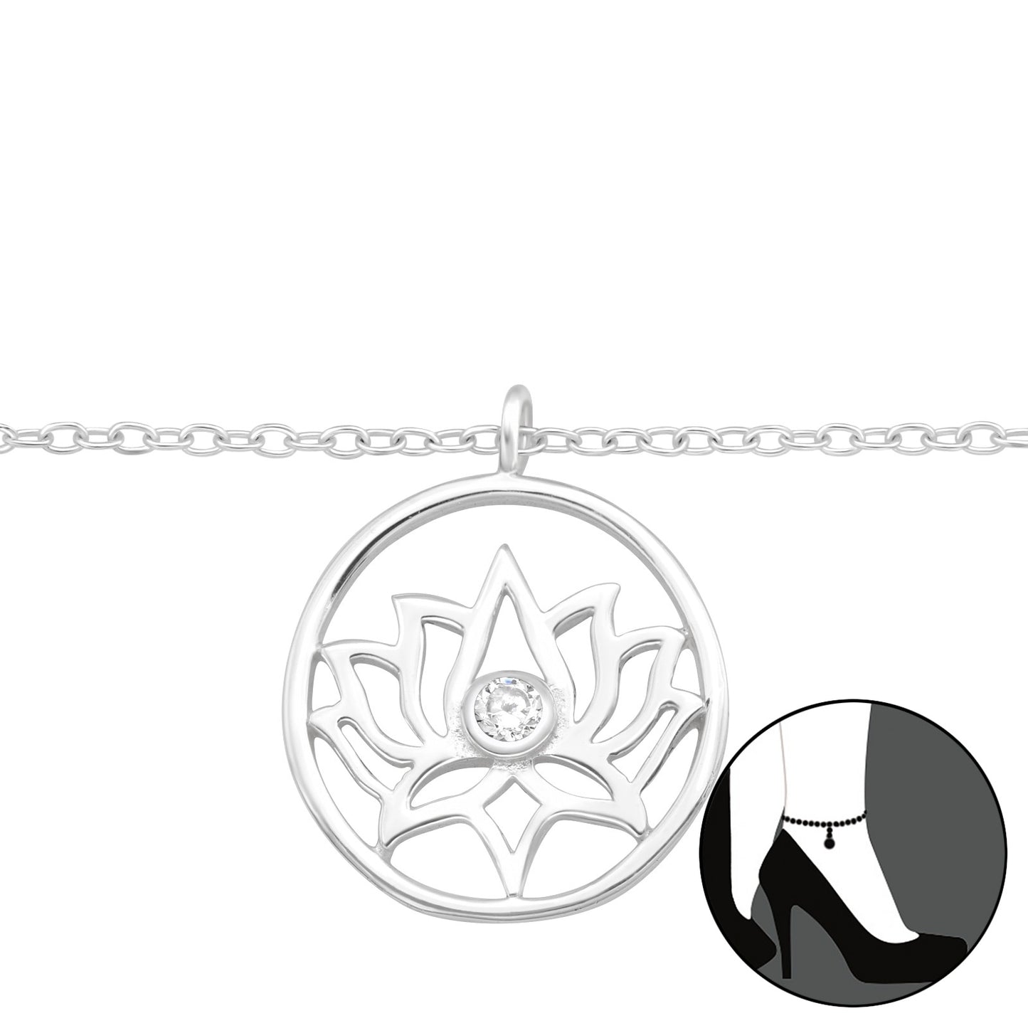 Sterling Silver Anklet with Lotus Charm and Dainty CZ Center