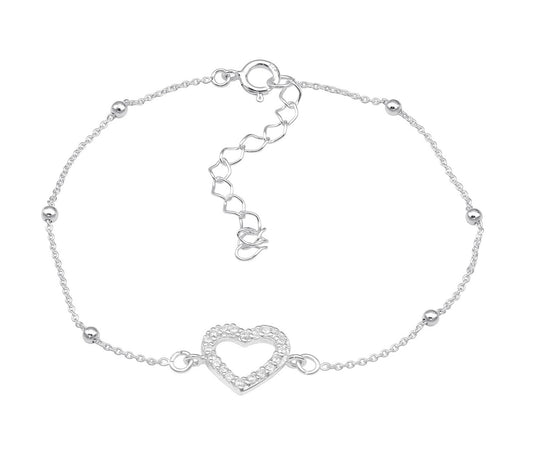 Sterling Silver Ball Chain Anklet with Dainty Heart Cut-Out Charm with CZ