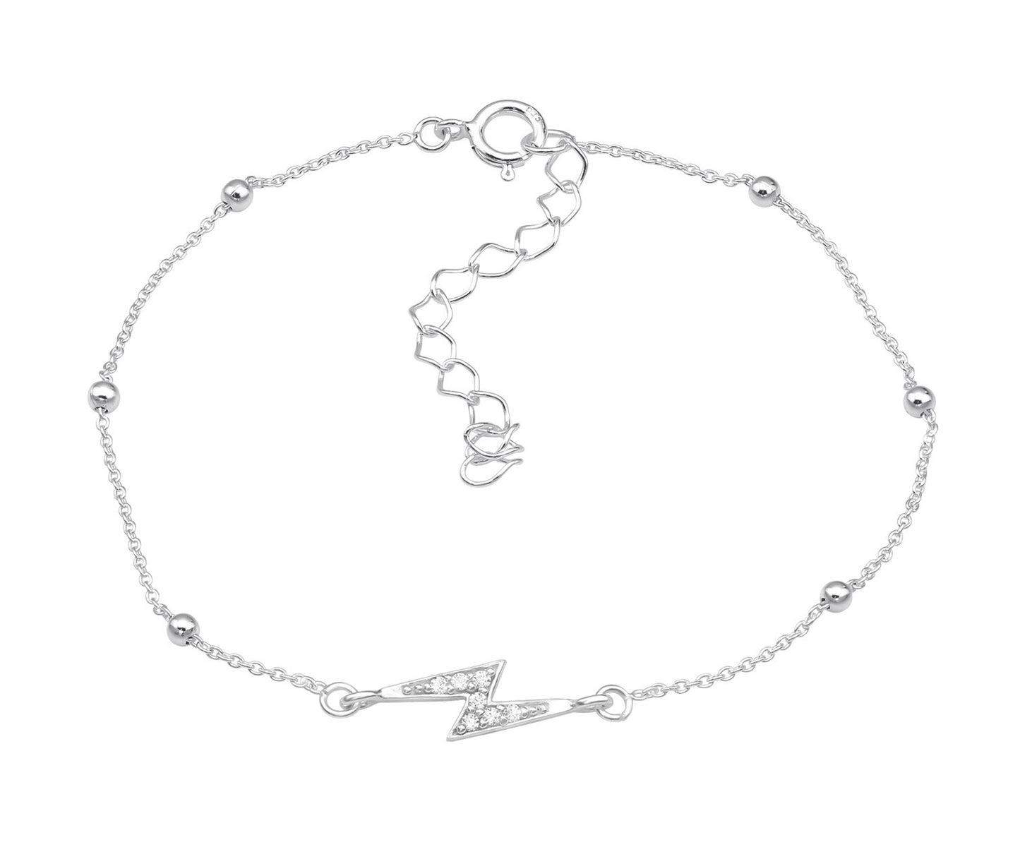 Sterling Silver Ball Chain Anklet with Dainty Lightning Bolt with CZ