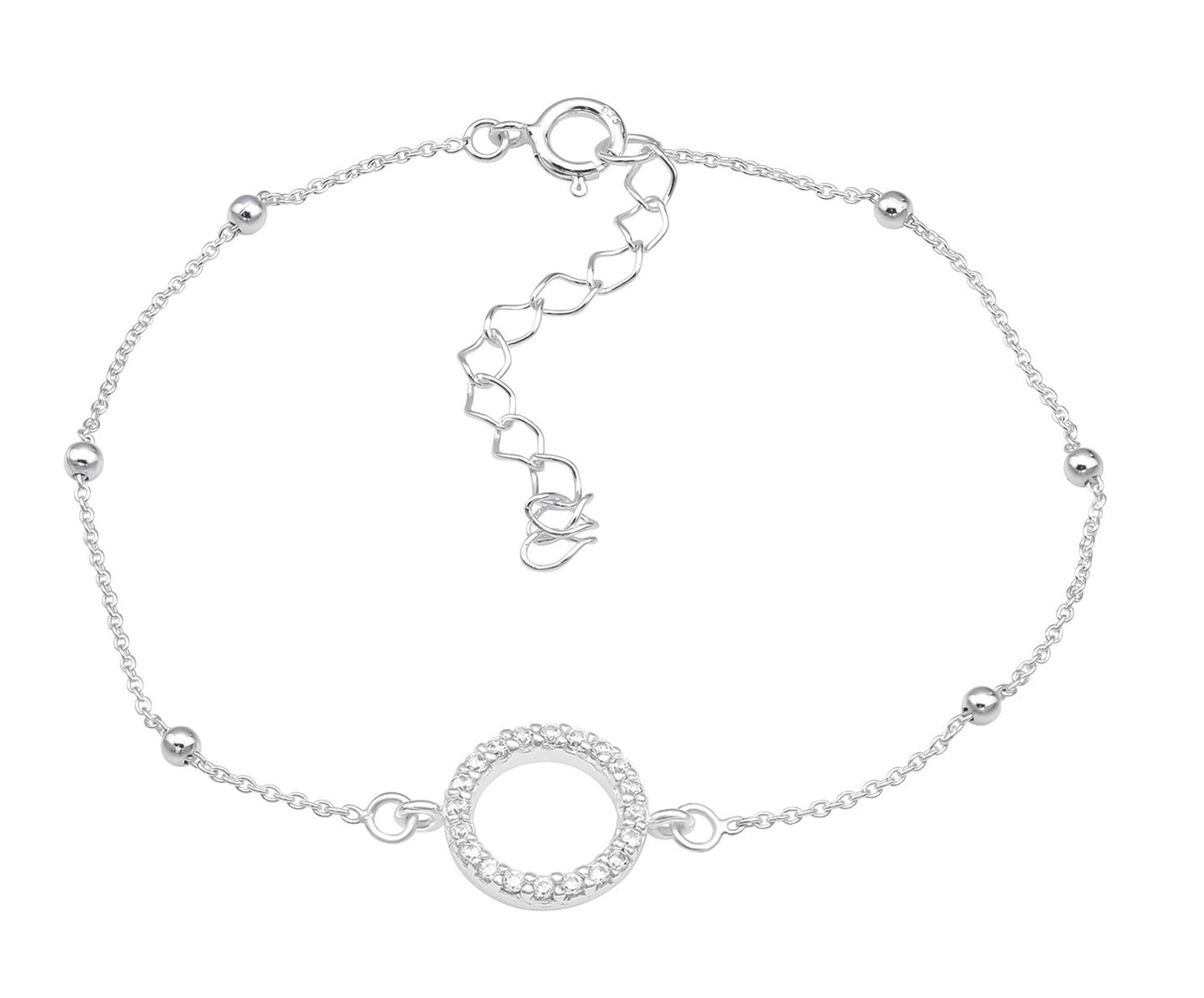 Sterling Silver Ball Chain Anklet with Timeless Circle with CZ