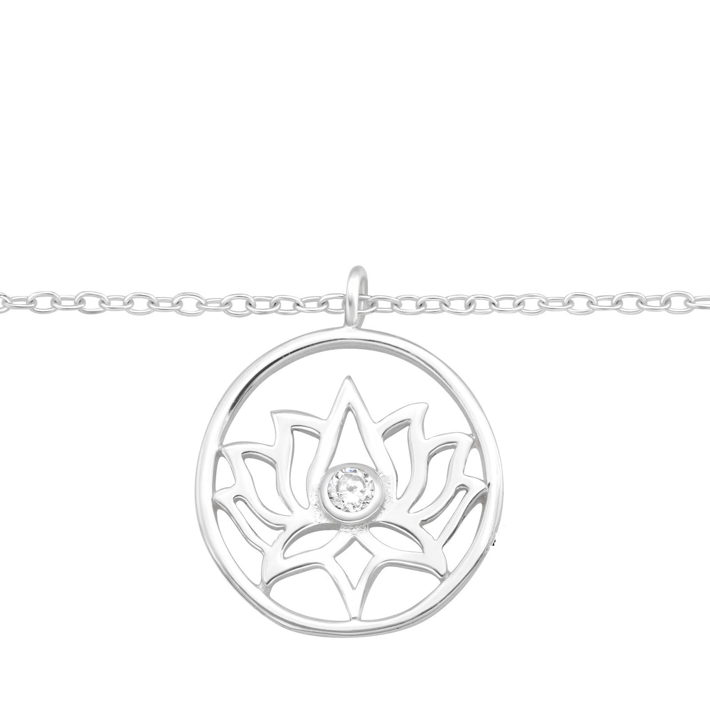 Sterling Silver Anklet with Lotus Charm and Dainty CZ Center