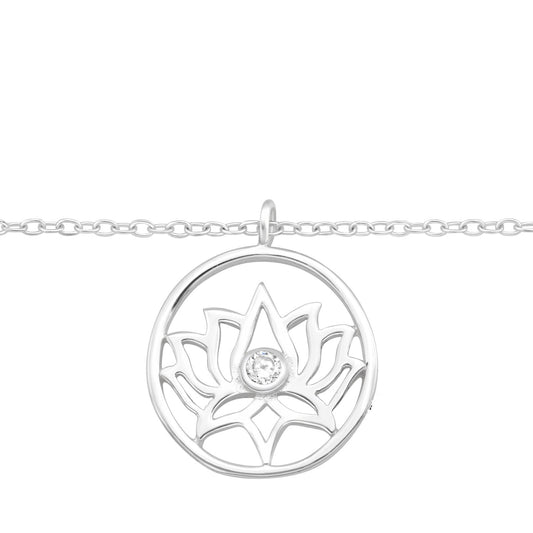 Sterling Silver Anklet with Lotus Charm and Dainty CZ Center