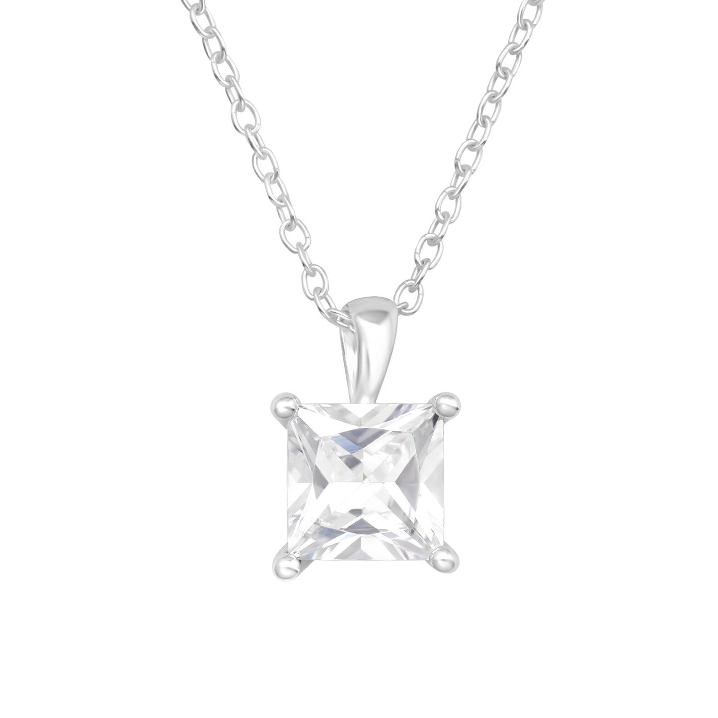 Sterling Silver Princess Cut CZ Solitaire Necklace