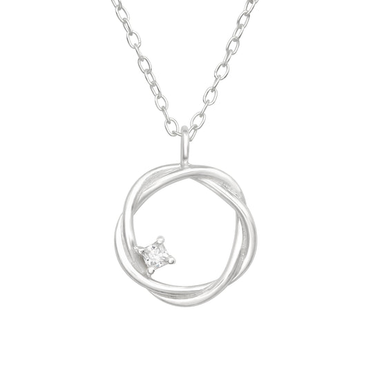 Sterling Silver Intertwined Circle Pendant Necklace with Dainty CZ Accent