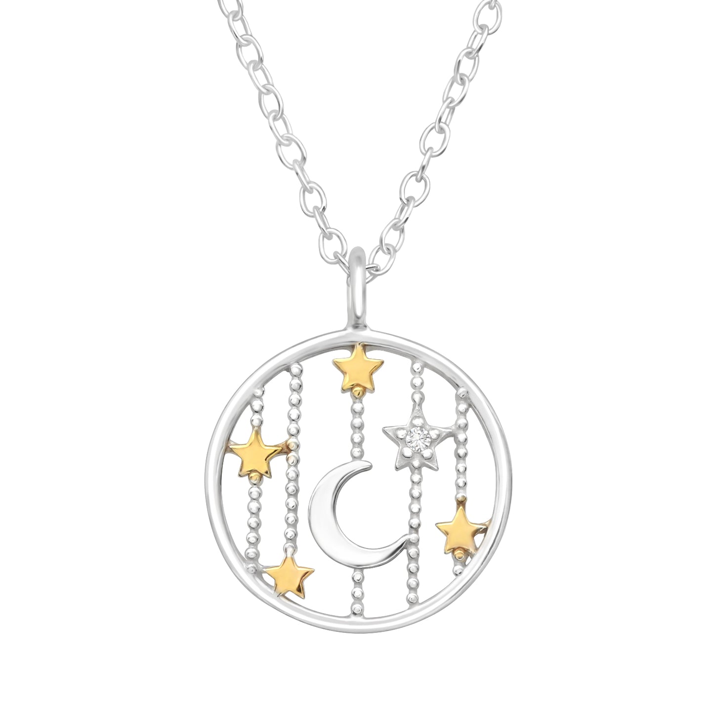 Sterling Silver and 18kt Gold Plated Star and Moon Pendant Necklace