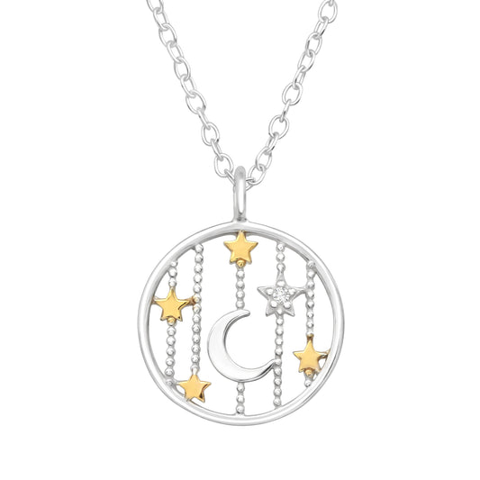 Sterling Silver and 18kt Gold Plated Star and Moon Pendant Necklace