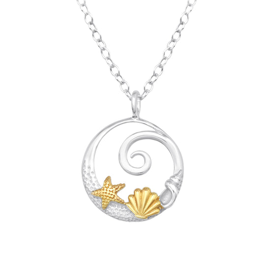 Sterling Silver and 18kt Gold Plated Wave, Shell, and Starfish Pendant Necklace