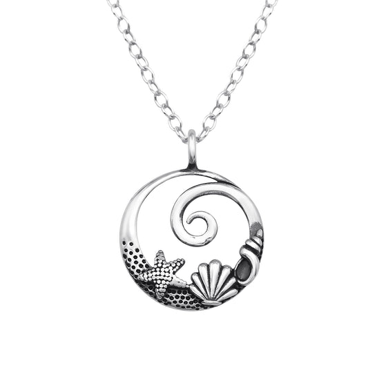 Sterling Silver Wave, Shell, and Starfish Pendant Necklace