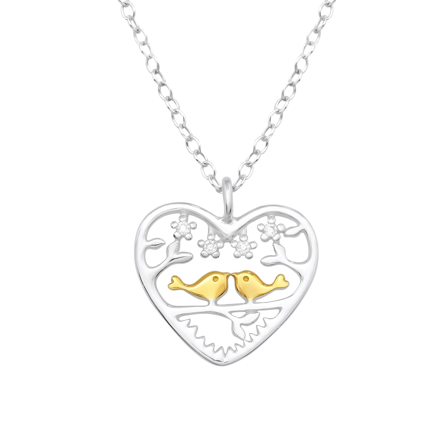 Sterling Silver and 18kt Gold Plated Love Bird Heart Pendant Necklace with CZ