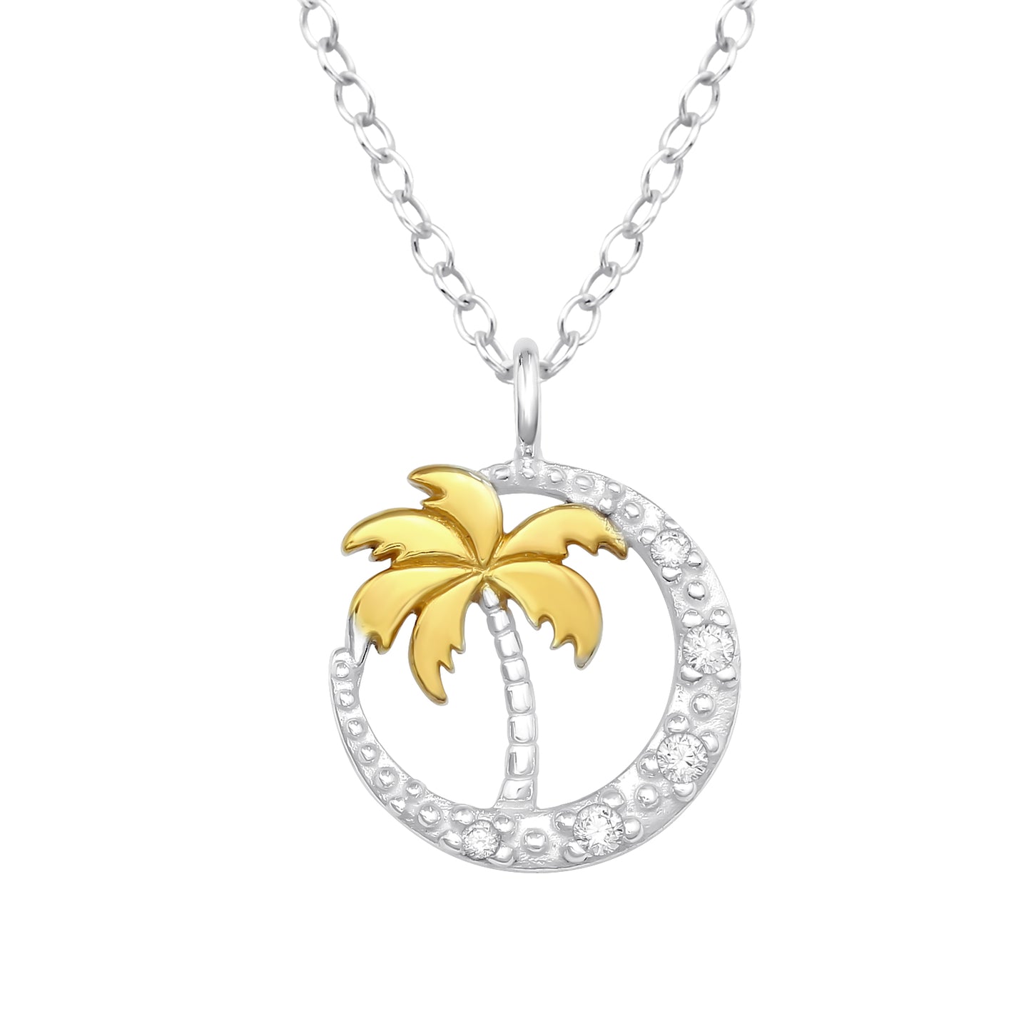 Sterling Silver and 18kt Gold Plated Palm Tree Pendant Necklace with CZ