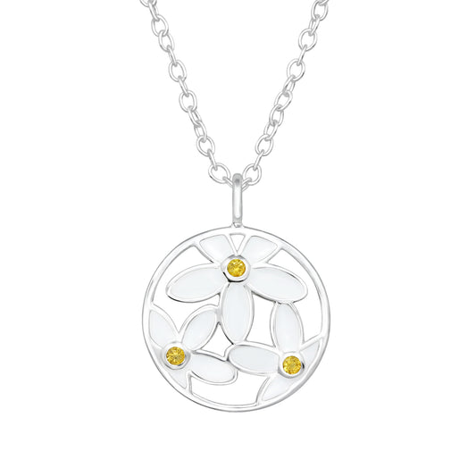 Sterling Silver White Enamel and Yellow Crystal Daisy Pendant Necklace