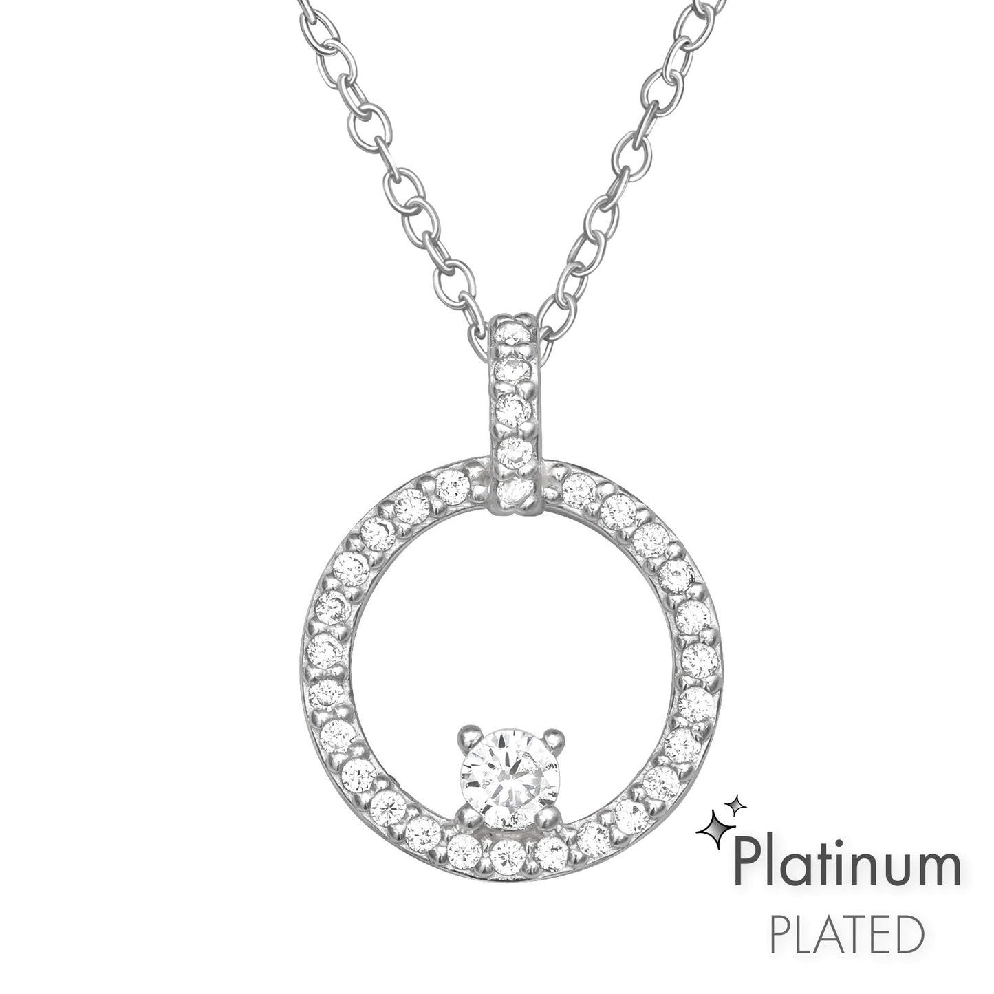 Sterling Silver and Platinum Plated Circle Pave Pendant Necklace