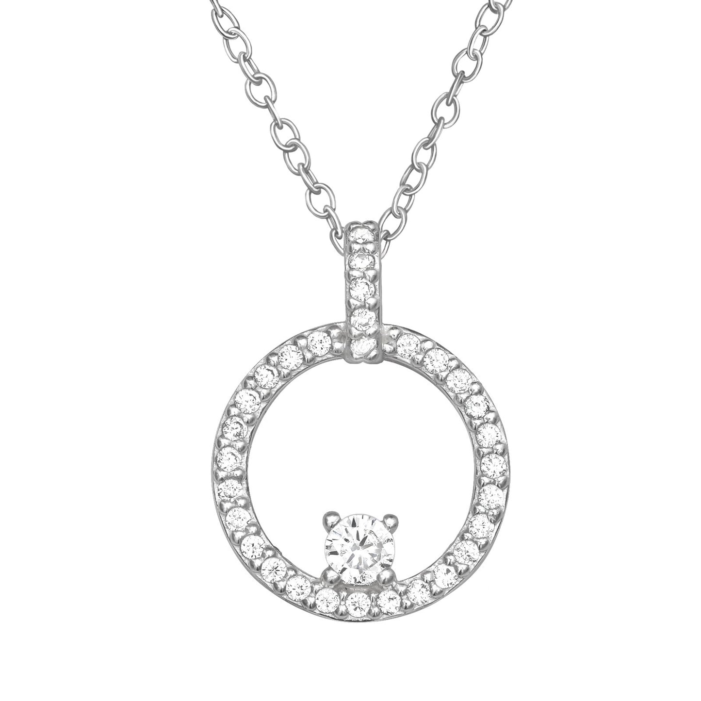 Sterling Silver and Platinum Plated Circle Pave Pendant Necklace