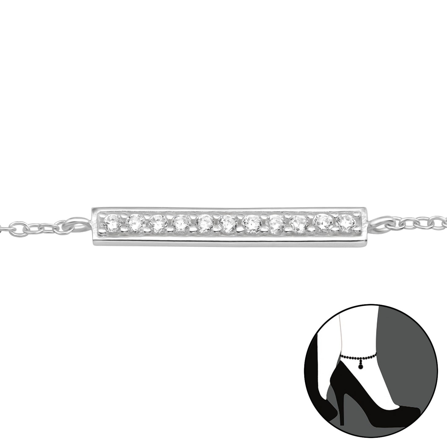 Sterling Silver Bar Anklet with CZ