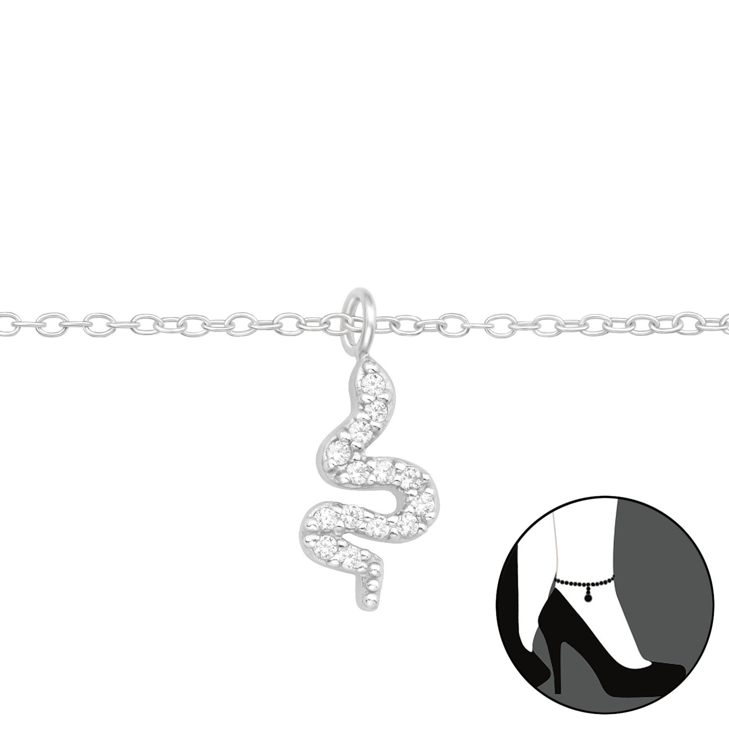 Sterling Silver Anklet with Dainty CZ Snake Charm