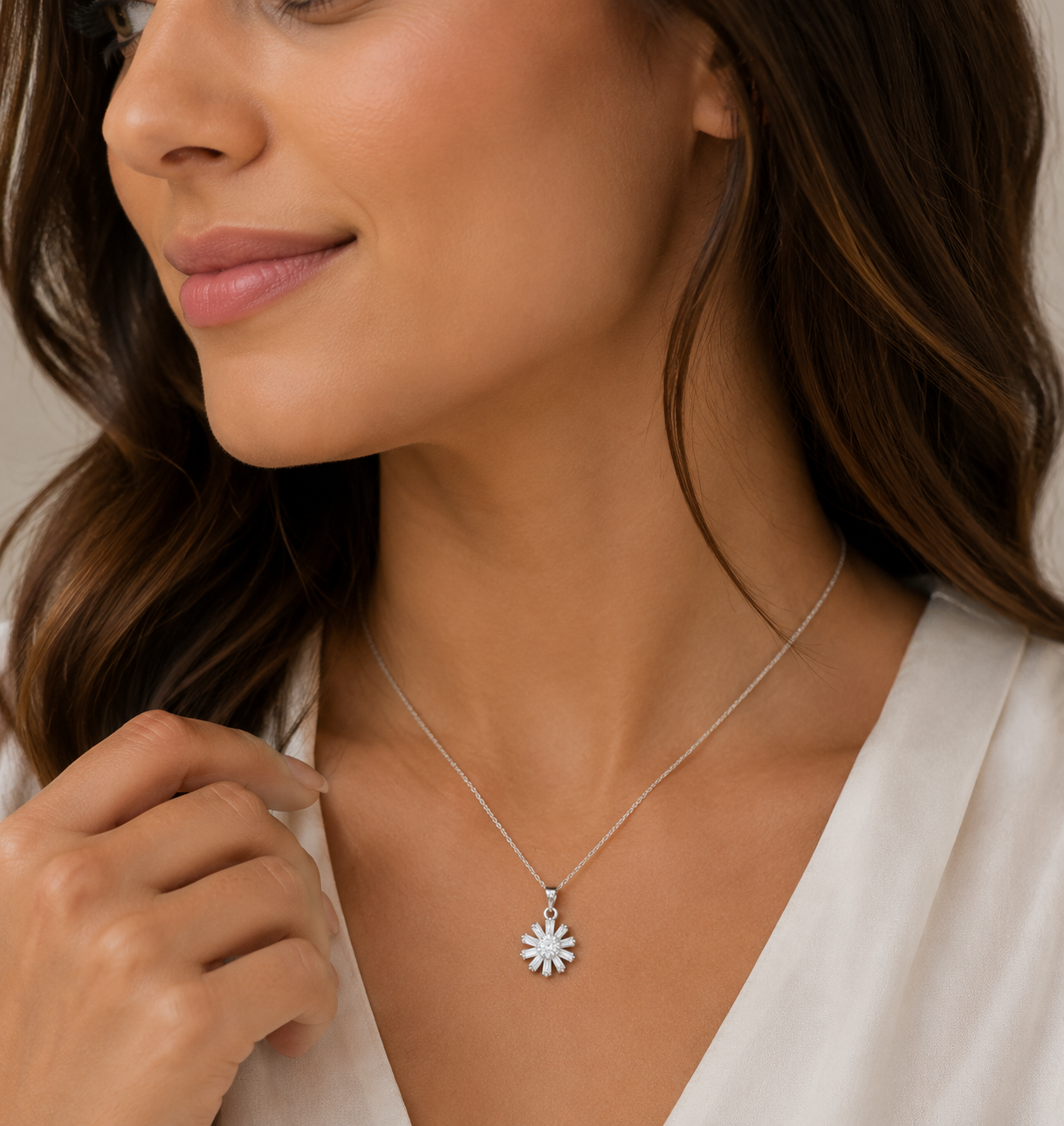 CZ Sunburst Flower Necklace – Sterling Silver Filled