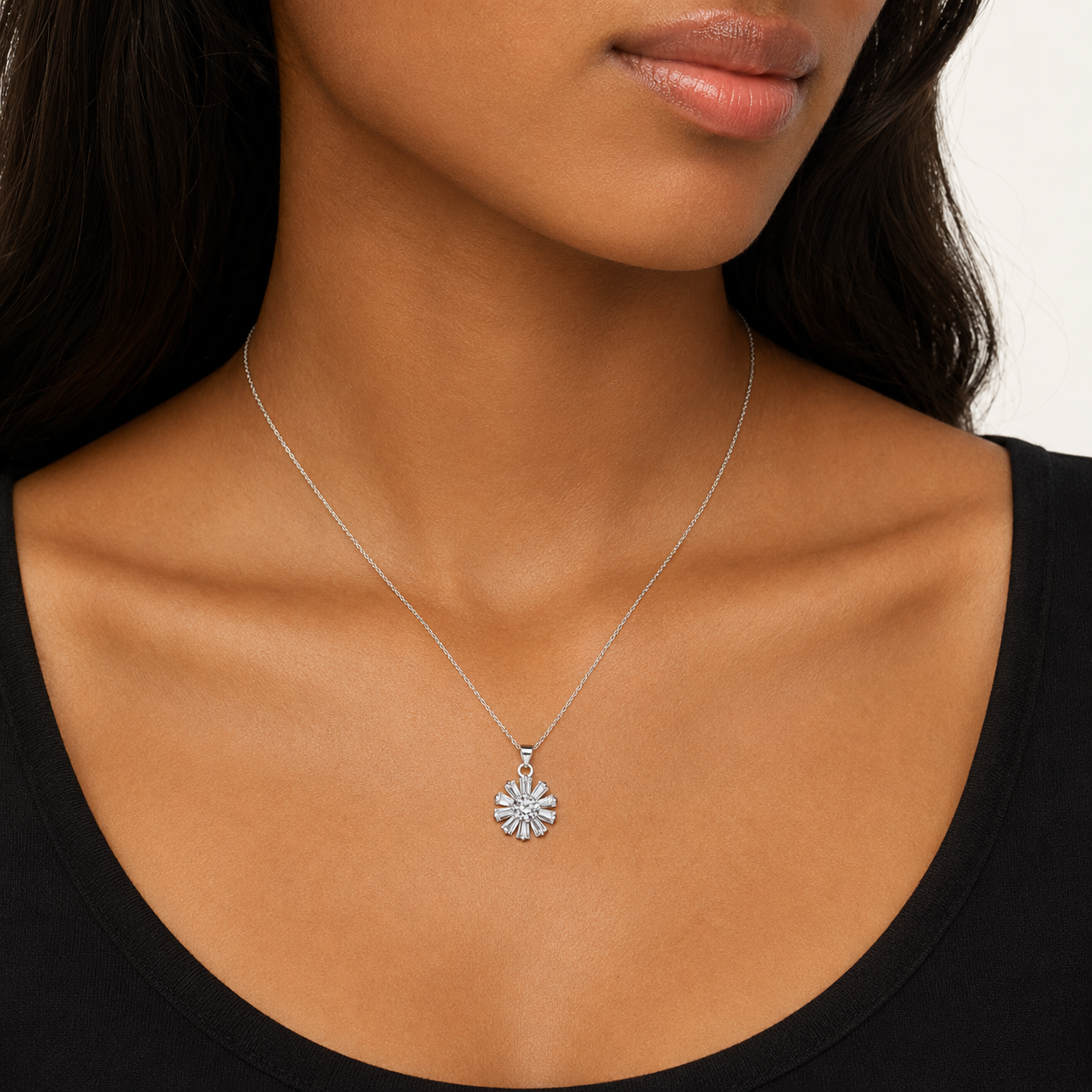 CZ Sunburst Flower Necklace – Sterling Silver Filled