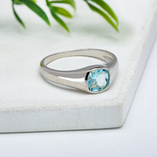 Sterling Silver & Aqua Cubic Zirconia Signet Ring