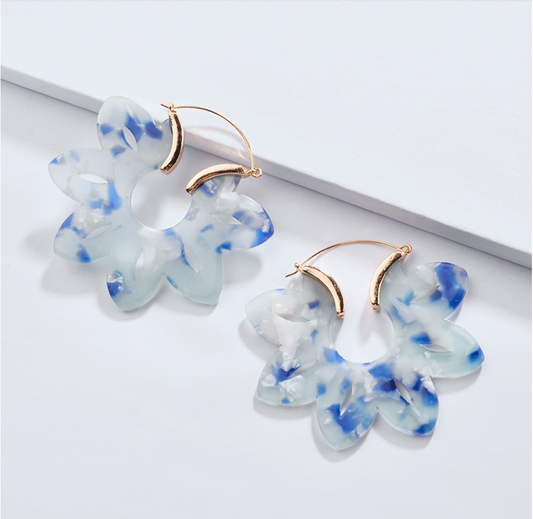 Goldtone & Blue Marbled Flower Hoop Earrings
