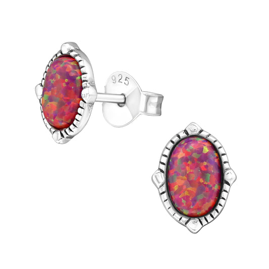 Sterling Silver Oval Stud Earrings with Lab-Created Fire Opal