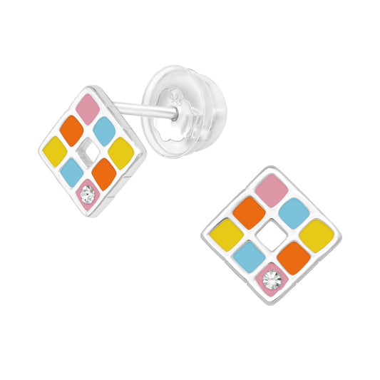 Sterling Silver Multi-Colored Square Stud Earrings with Cubic Zirconia