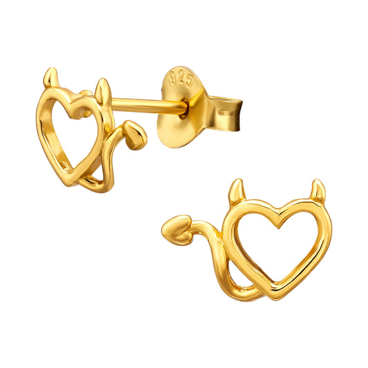 Sterling Silver 18k Gold-Plated Devil Heart Stud Earrings