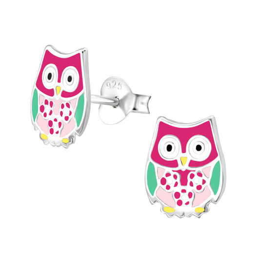 Sterling Silver Multi-Colored Owl Stud Earrings