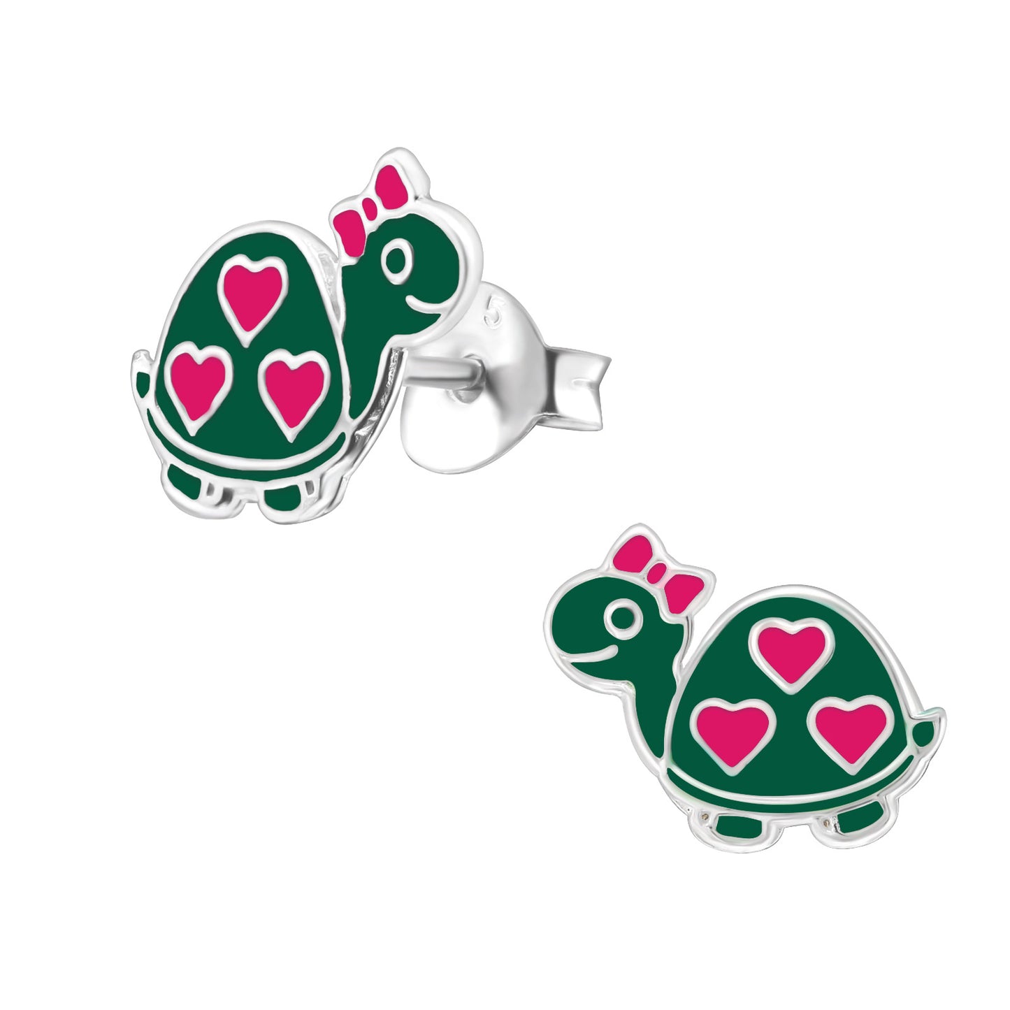 Sterling Silver & Pink Heart Printed  Green Tortoise Stud Earrings