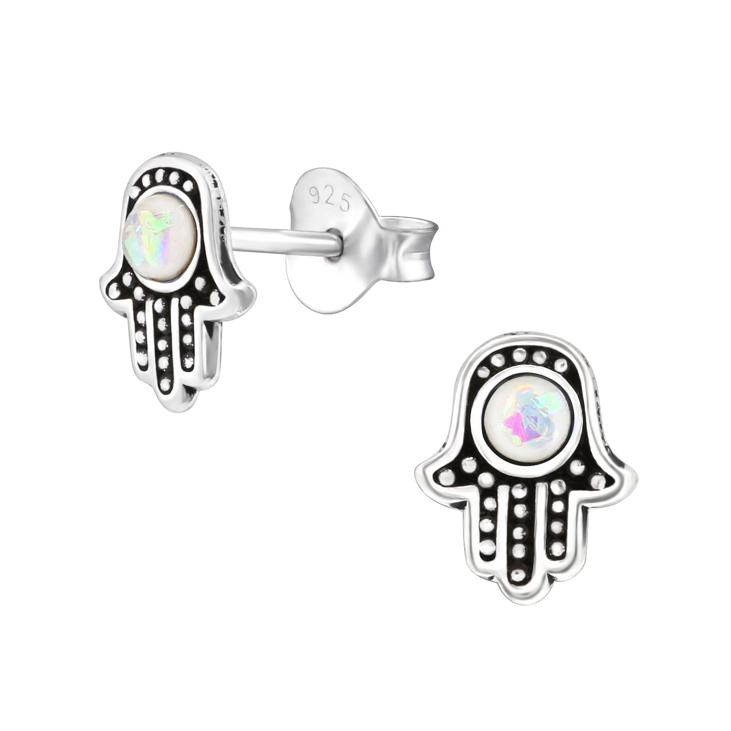 Sterling Silver Oxidized Hamsa Stud Earrings with Lab-Created White Opal