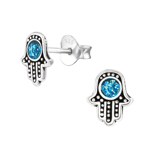 Sterling Silver Oxidized Hamsa Stud Earrings with Blue Lab-Created Opal