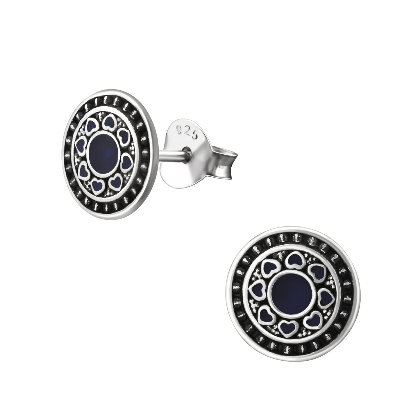 Sterling Silver Deep Blue Round Stud Earrings with Engraved Hearts