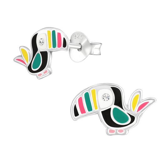 Sterling Silver & Cubic Zirconia Multi-Colored Enamel Bird Stud Earrings