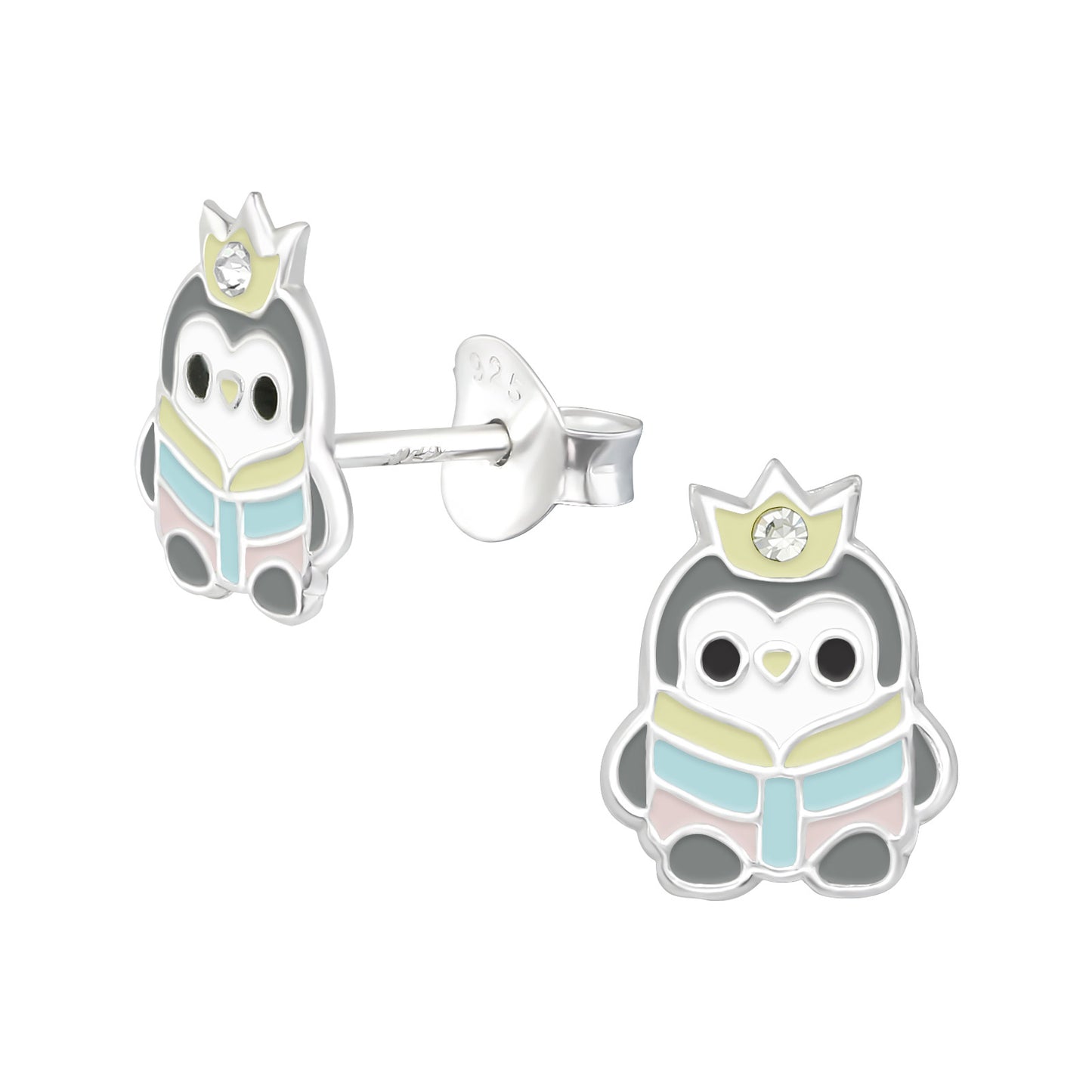 Sterling Silver Crowned Penguin Reader Stud Earrings with Cubic Zirconia