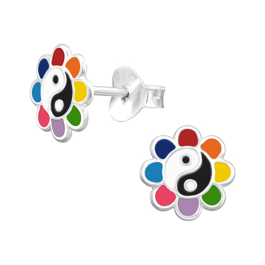 Sterling Silver Multi-coloured Flower Yin-Yang Stud earrings