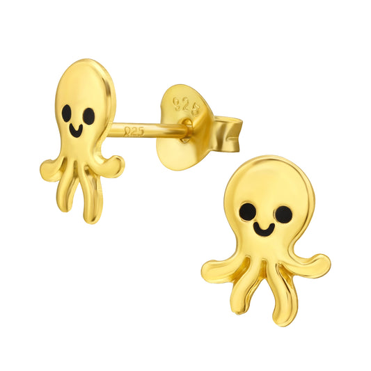 Sterling Silver 18k Gold-Plated Octopus Stud Earrings