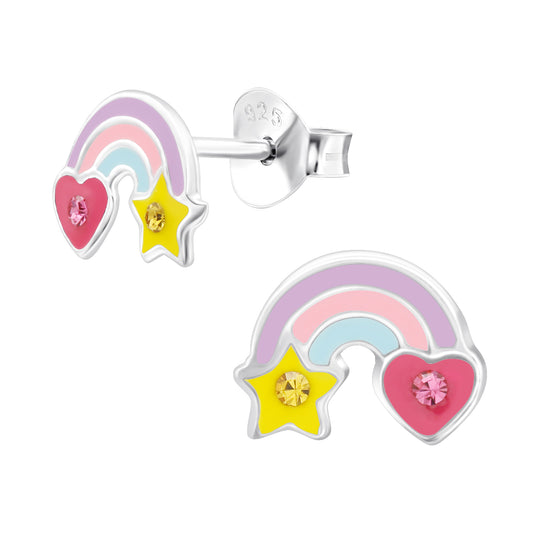 Sterling Silver Multi-Colored Rainbow, Heart & Star Stud Earrings