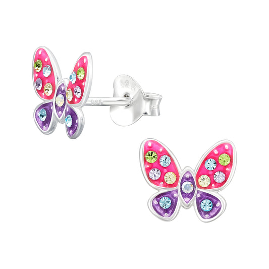 Sterling Silver Pink & Purple Butterfly Stud Earrings with Multi-Colored Cubic Zirconia