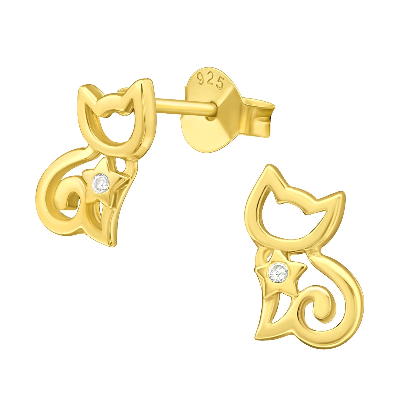 Sterling Silver 18k Gold-Plated Open Cat Stud Earrings with Cubic Zirconia