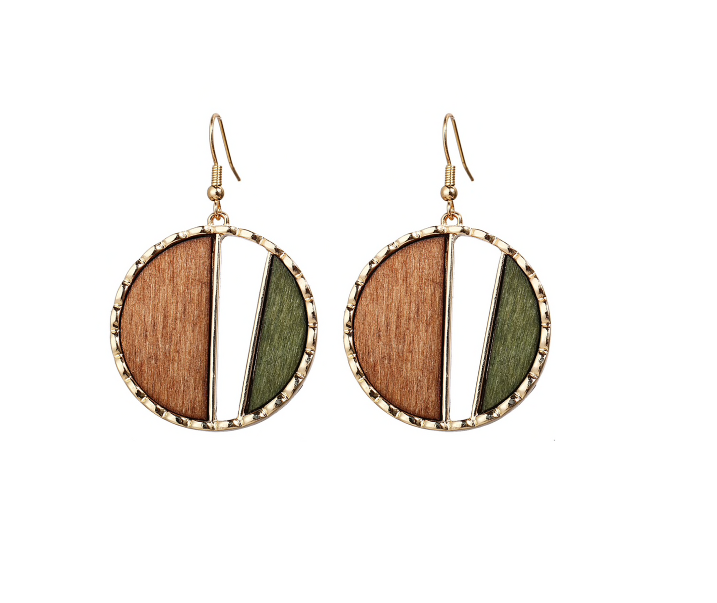 Brown Green Wood Circular Drop Earrings