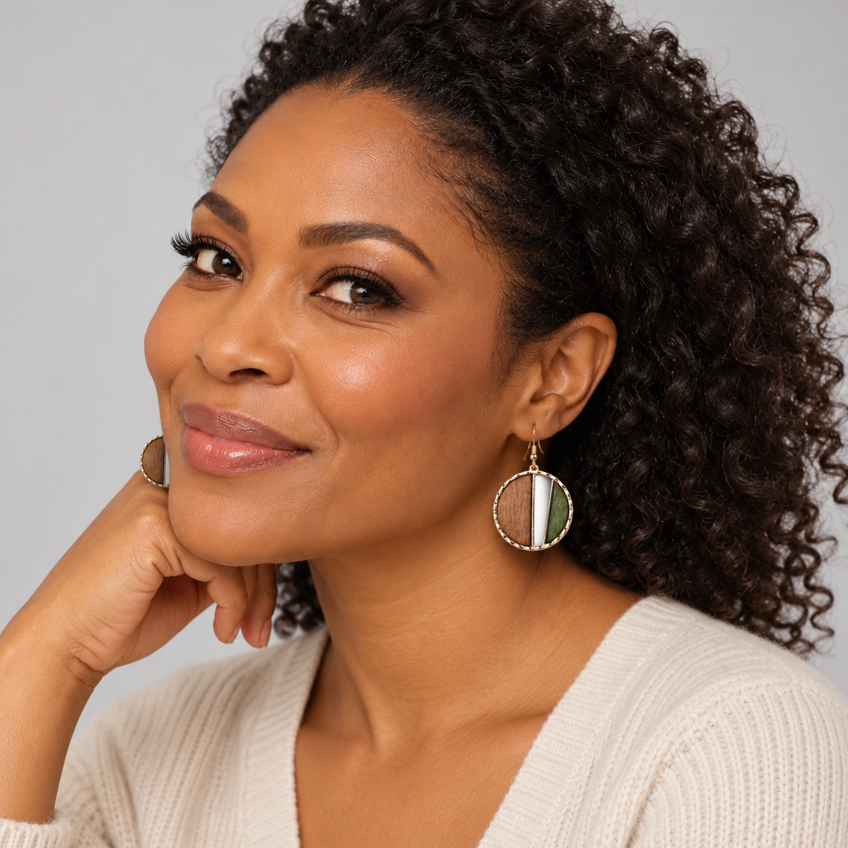 Brown Green Wood Circular Drop Earrings — alternate view, SKU 52520-42