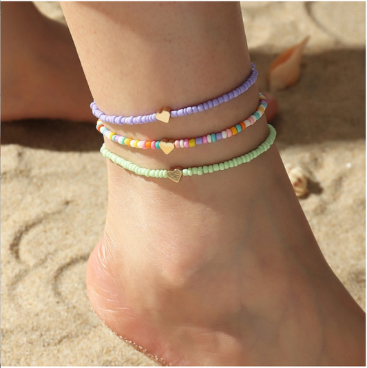 Pastel Beaded Anklet Set With Goldtone Hearts
