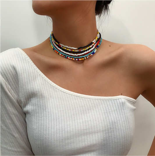 Multi Colored Beaded Choker Necklace Set