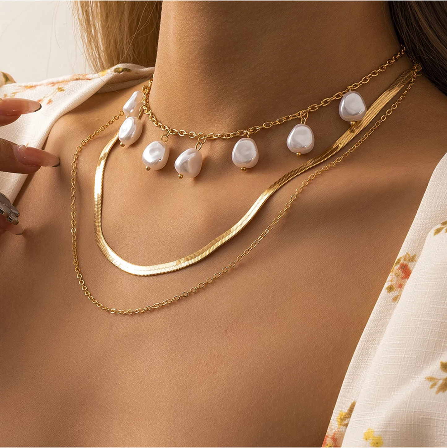 Goldtone & Imitation Pearl Drop Layered Necklace