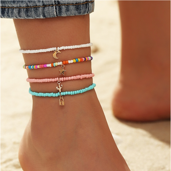 Set Of 4 Multi Colored Beaded Charmed Anklets
