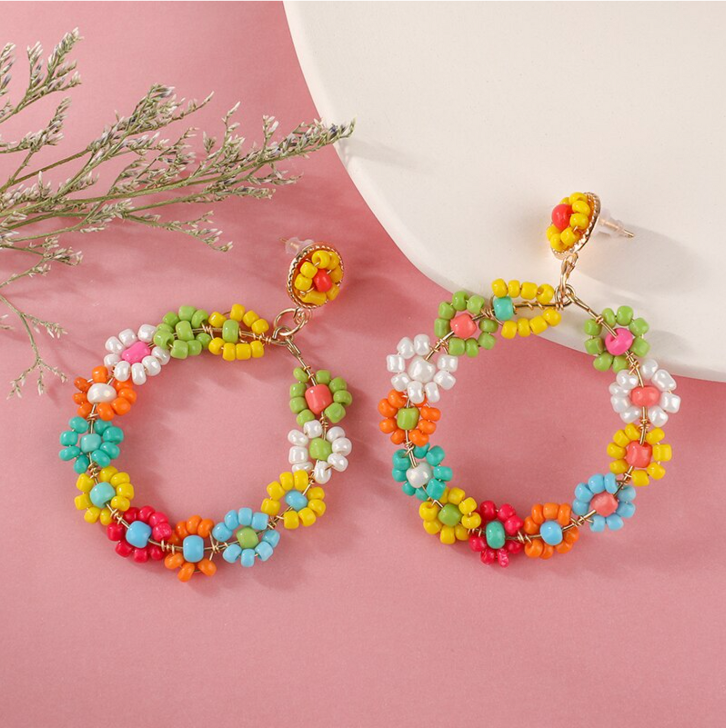 Yellow Red Multi Colored Beaded Flower Drop Earrings