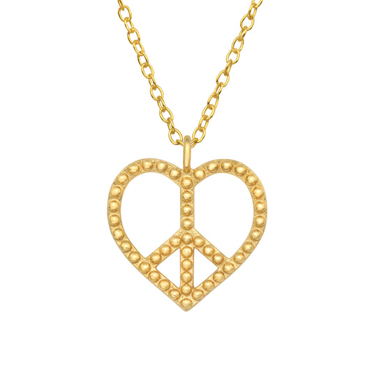 Sterling Silver 18k Gold-Plated Heart Peace Sign Pendant Necklace