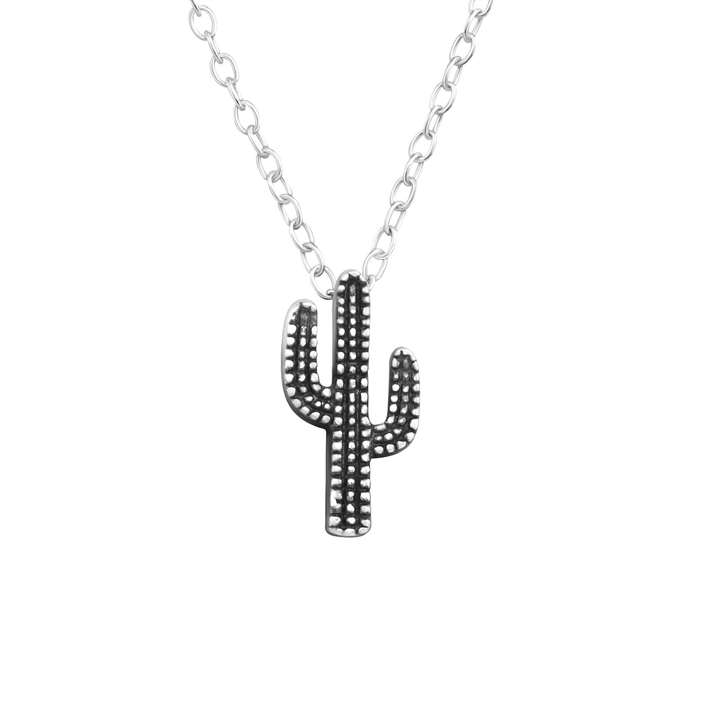 Sterling Silver Oxidized Beaded Cactus Pendant Necklace