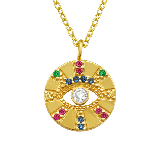 Cubic Zirconia & Goldtone Circular Evil Eye Pendant Necklace